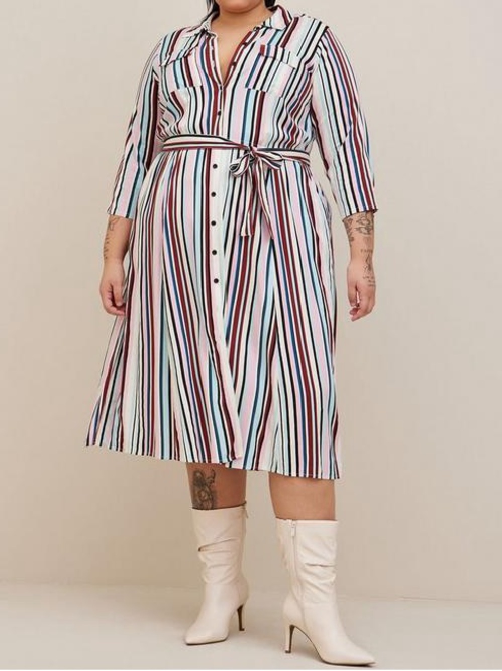 Torrid Midi Stretch Challis Button Front Shirt Dress Multi Stripe size 1 1X